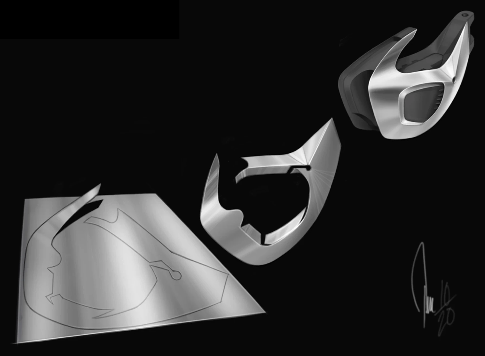 The chassis shown in three stages: a flat steel sheet with the cut pattern, the same sheet partly folded, and the finished main body