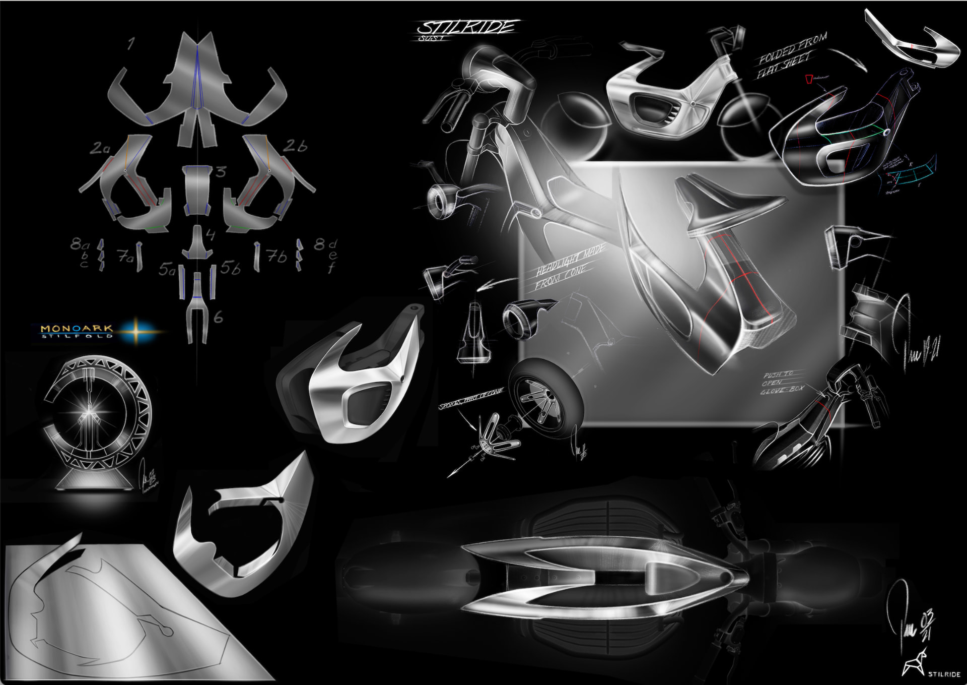 Design development board for STILRIDE: numbered sketches of the folded sheet pattern beside renderings of the chassis, headlight, wheels and finished motorcycle